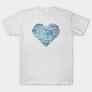 Teacher Heart Word Cloud Blue T-Shirt